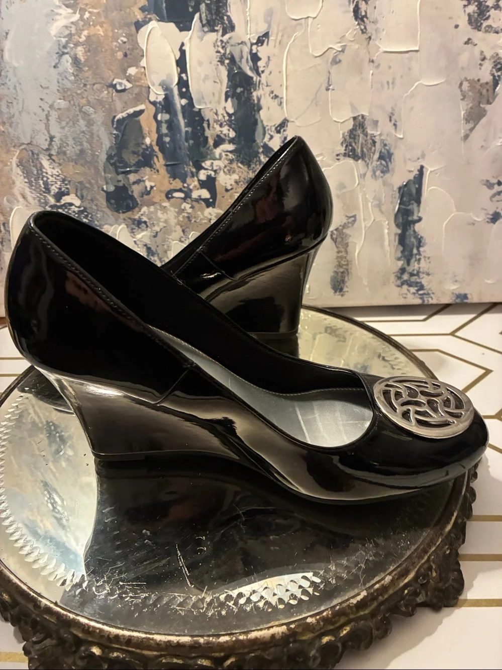 Genuine Fioni Black Patent Wedge Pumps with Silver Medallion Size 6.5